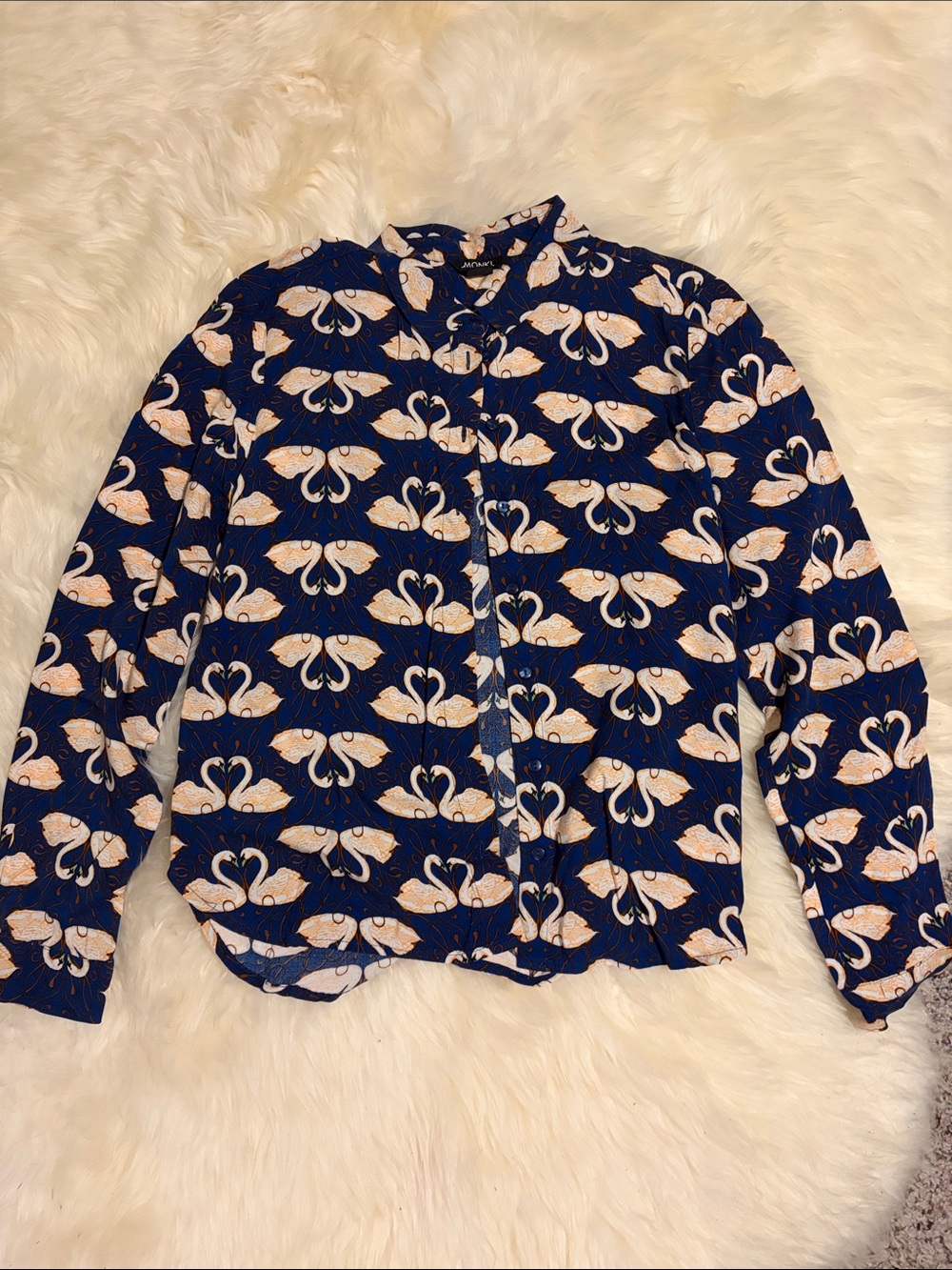 Navy Blue Long-Sleeve Button-Up Shirt with Swan Pattern